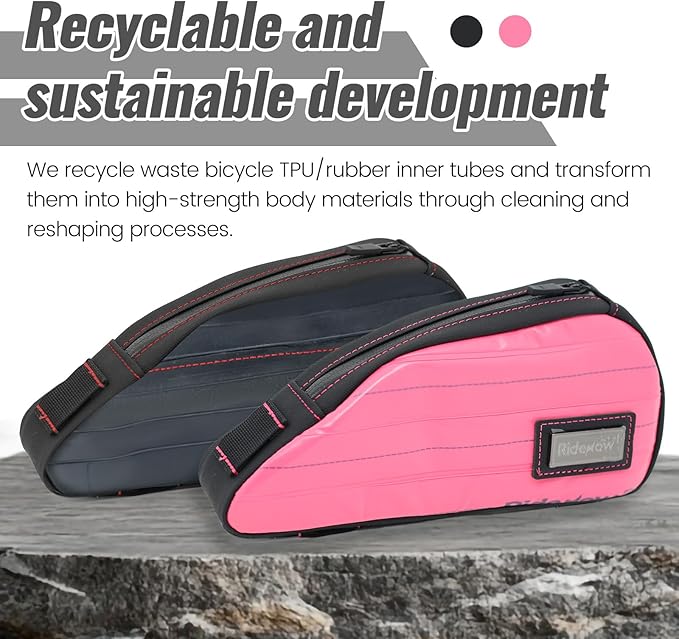 RideRow Compact Bike Top Tube Bag – Waterproof Bicycle Frame Pouch, Fits Up to 6.1" Phone, Narrow No-Rub Design, Secure 3-Point Mount, Cycling Storage for Mountain & Road Bike (Pink)