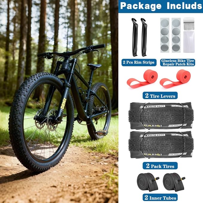 SIMEIQI 2 Pack 24/26/27.5x1.95 26x2.1 29x2.125 Inch Anti-Puncture Tires for Mountain Bike and Tubes Folding Replacement Bicycle Tyres for Hybrid Trails Commuter City Road
