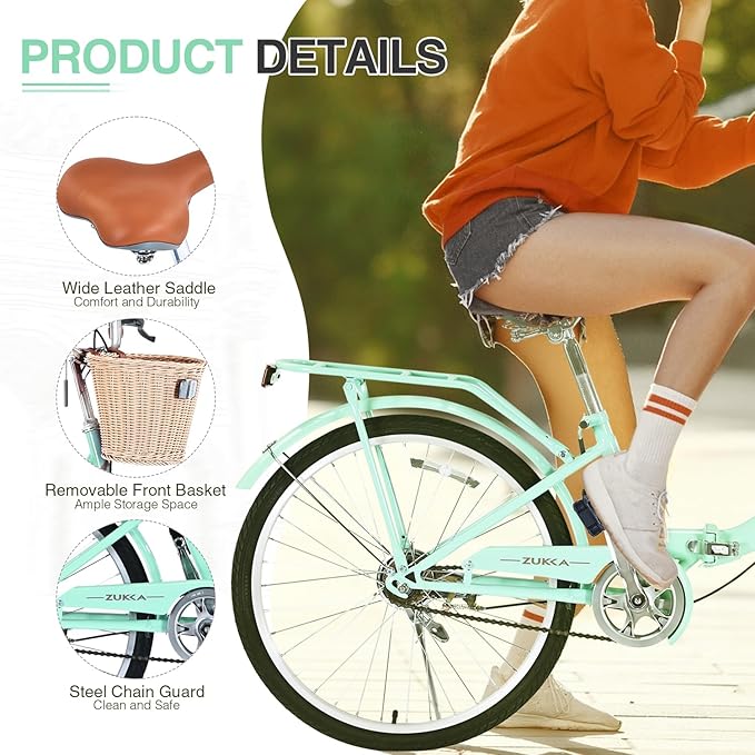 24/26 inch Female Bicycle Single Speed Folding Lady Bike, Durable Steel Frame,Compact Design for Easy Storage and Commuting Multi Color