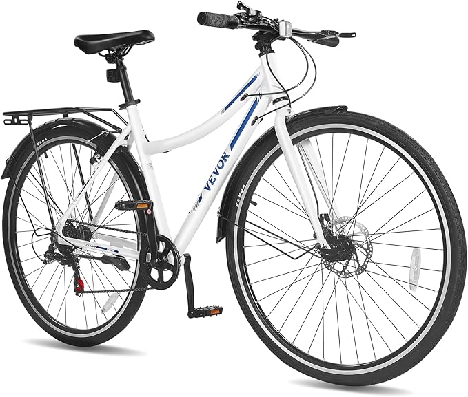 VEVOR Hybrid Bike, Lightweight Aluminum Frame Bike, 700c Wheel Men Women Hybrid Bicycle, Step-Over/Step-Through Adult Urban City Commuter Bikes, with 7/24 Speed, Alloy Adjustable Stem and Seat