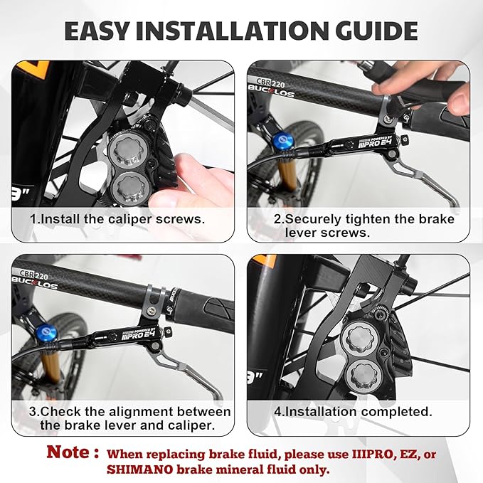 BUCKLOS IIIPRO MTB 4 Pistons Hydraulic Disc Brake Set Front 800mm and Rear 1550mm with Ceramic Brake Pad for Mountain Bike(Pre-Bled)