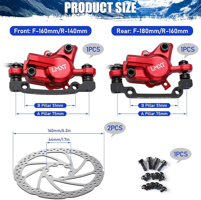 TOBWOLF 1 Pair Hydraulic Bike Brakes Set, Dual Piston Mountain Bike Hydraulic Brakes Left Front 810mm & Right Rear 1470mm, MTB Disc Brake Set for Mountain, Road Bicycle & Ebike