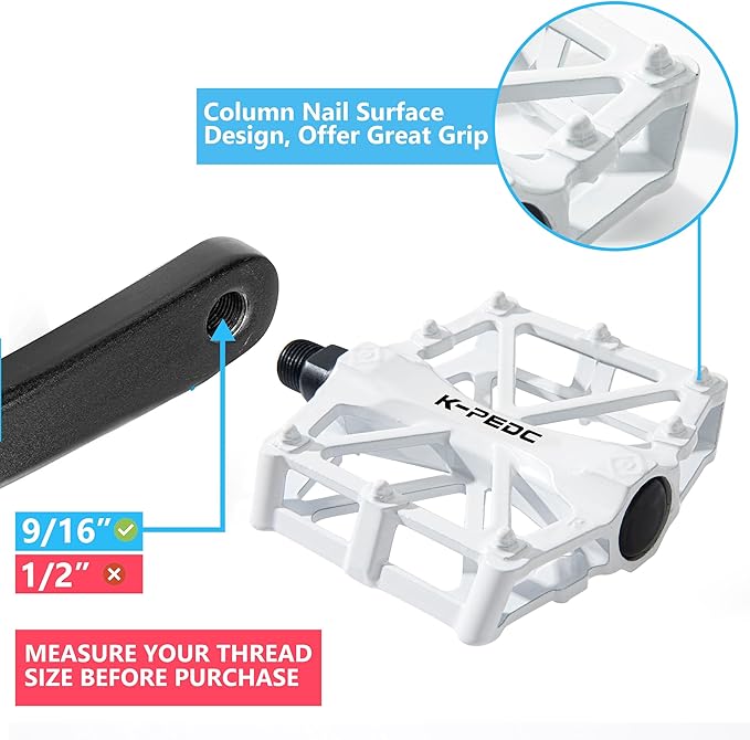 Bike Pedals 9/16 for MTB, Mountain Road Bicycle Flat Pedal, with 16 Anti-Skid Pins -Universal Lightweight Aluminum Alloy Platform Pedal for Travel Cycle-Cross Bikes etc