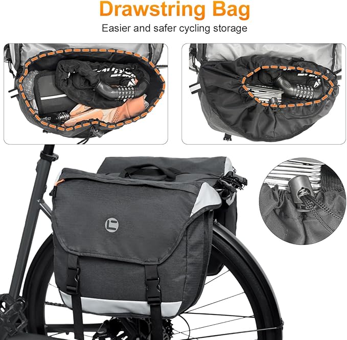Bike Panniers for Rear Rack, 25L-35L Expandable Double Bicycle Saddle Bag, Water-Resistant Cycling Luggage Pack with Secure Drawstrings & Reflective Trims for Ebike Commuter Grocery Travel