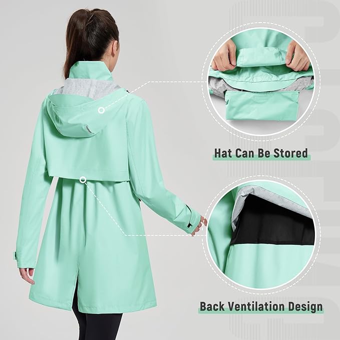 baleaf Women's Long Rain Coat Packable Waterproof Windbreaker Lightweight Cycling Jacket with Hood