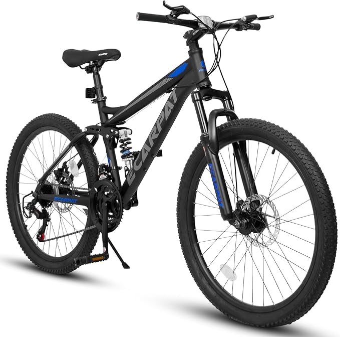 Ecarpat 24/26/27.5 Inch Mountain Bike, Full/Front Suspension Mens Boys Mountain Bike with 21 Speed Steel Frame and Dual Disc Brakes, Adult Sport Bicycle for Trail City Road, Gift Choice