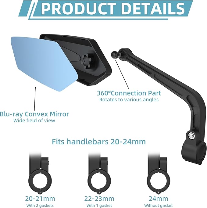 Handlebar Bike Mirror | Blu-ray Scratch Resistant Glass Lens | Bicycle Rear View Mirrors for Ebike | eBike Accessories
