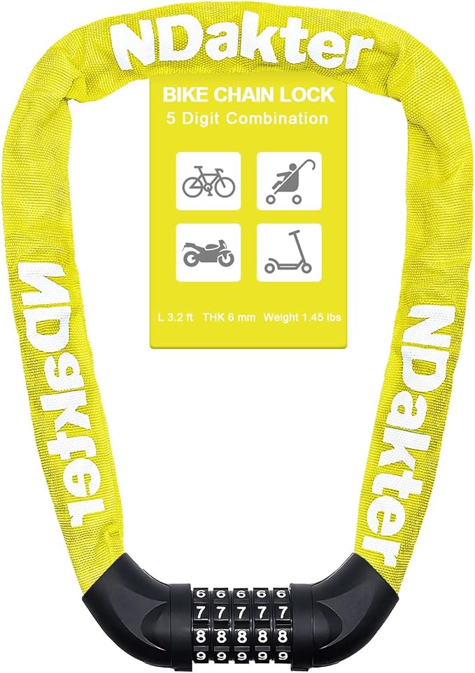 NDakter Bike Lock, 5 Digit Combination Heavy Duty Anti Theft Bicycle Chain Lock, 2.62/3.2/4.27/5/6Ft Long, High Security Resettable, Suitable for Bike, Scooter, Door, Gate, Fence-4/6mm Thick