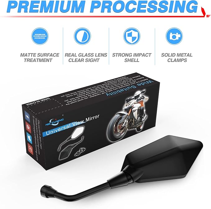 MICTUNING Universal Hawk-eye Motorcycle Convex Rear View Mirror - with 10mm Bolt, Handle Bar Mount Clamp Compatible with Cruiser, Suzuki, Honda, Victory and More