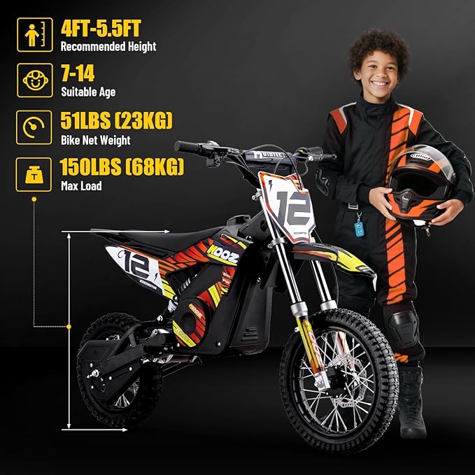 KOOZ HP112E PRO 36V 1000W Electric Dirt Bike for Kids, 3 Speed Modes Teen Electric Motorcycle Up to 20.6 MPH& 19 Miles Long-Range, Dual Suspension & Disc Brake, 16" Sturdy Tire
