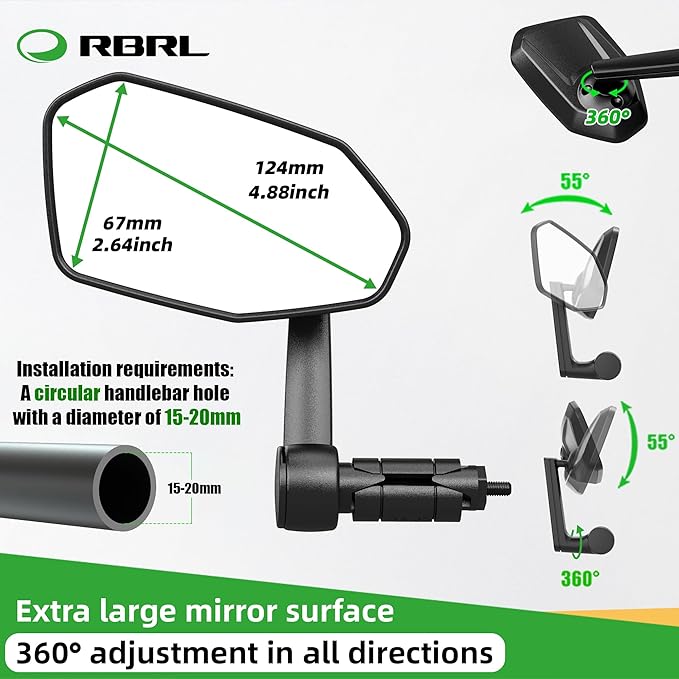 RBRL Bicycle Mirror, Extra Large Bike Mirror, 360° Adjustable Shatterproof and Durable Bar End Rear View Mirror Bicycle, Side Mirrors for E-Bike (Left)