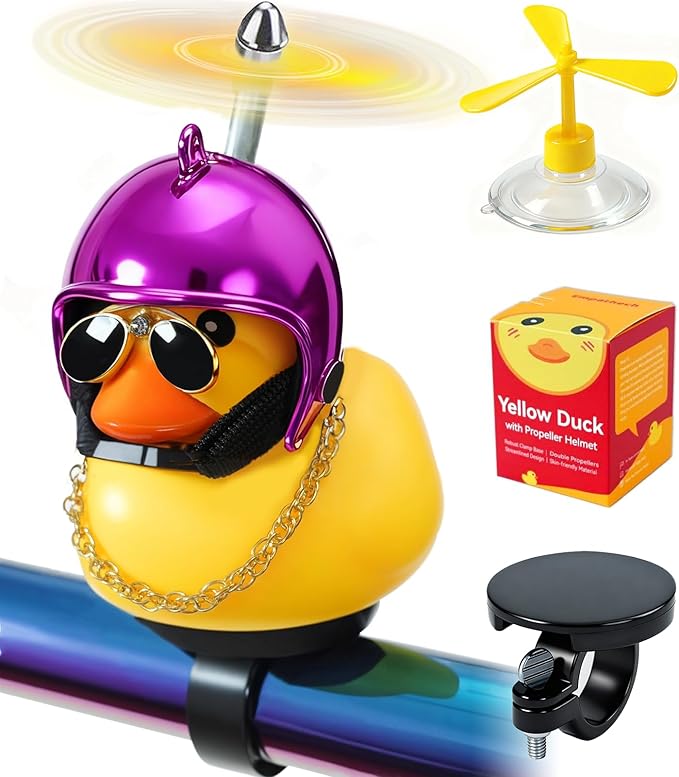 Rubber Duck Bike Decorations [New Stable Clamp Mount] Cute Squeak Duck Bike Bell [Two Helmet Propeller] Funny Bike Accessories E Scooter Motorcycle Cycling Gifts