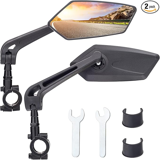 Bike Handlebar Rearview Mirror 2 Pack - Rotatable and Adjustable Wide Angle HD Safe Glass Rear View Shockproof Side Flat Mirror Universal For Bike Bicycle E-bike (BM047)