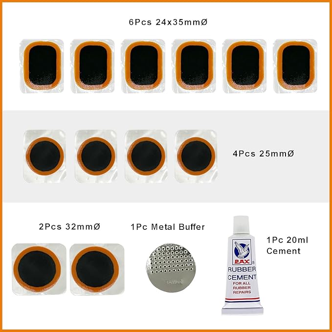 PAX 14Pcs Punctured Tube Tire Repair Patch Kit, Contains 6Pcs 24x35mmØ/ 4Pcs 25mmØ/ 2Pcs 32mmØ Tube Patches, Puncture Tire Repair Kit for Motorcycle, Scooter, Bicycle, Inflatable Rubber