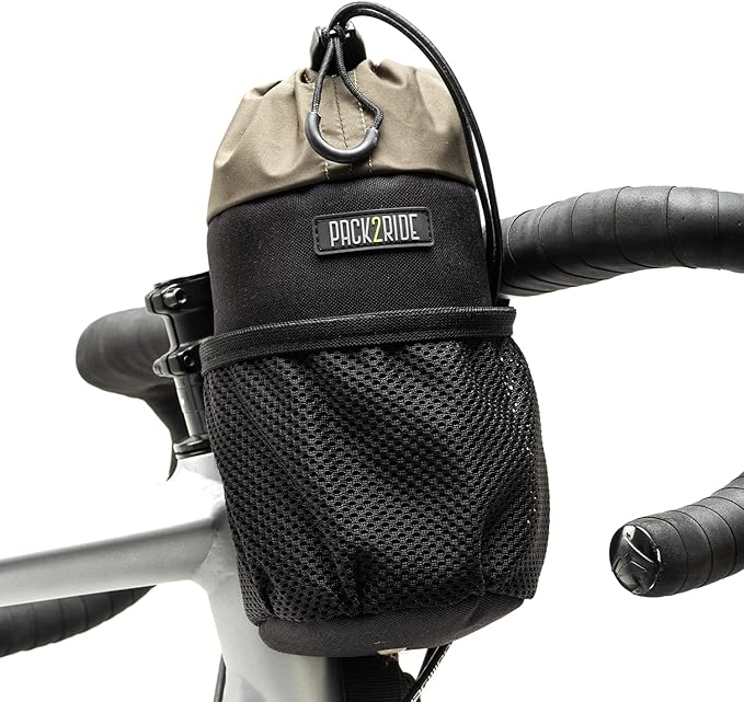 Bongo Bike Handlebar Bag - Water Resistant & Durable Fabric Bicycle Water Bottle Holder, Secure Attachment Bikepacking Stem Bag, One-Handed Access Feed Bag, Front Storage for Cycling - Black