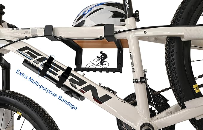 Bike Rack Wall Mount with Shelf and 8 Hooks Offer Horizontal Indoor Bike Storage for Sheds Garages. Wooden Bike Rack Bracket for Road, Mountain, Travel Bicycles, Maximizing Space