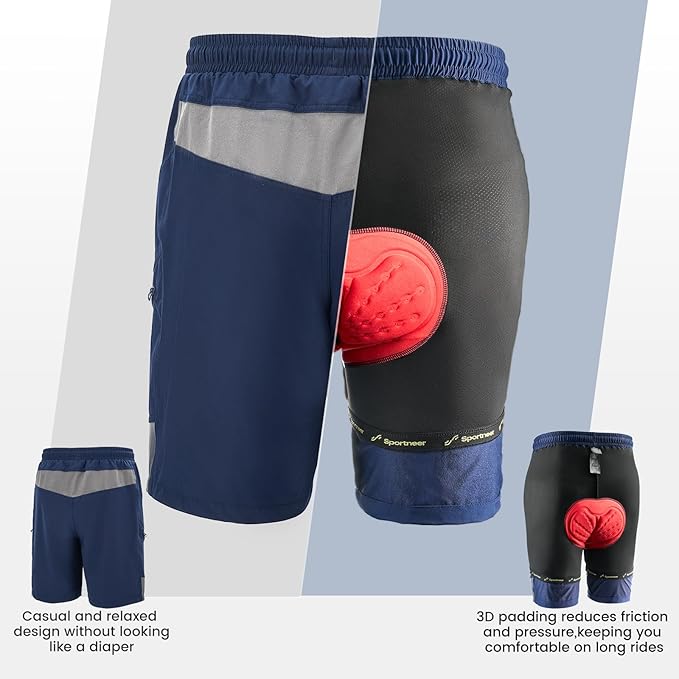 Sportneer Bike Shorts for Men: 3D Padded Lightweight Riding Biking Cycling Mountain Bike Shorts for Men with Zipper Pockets