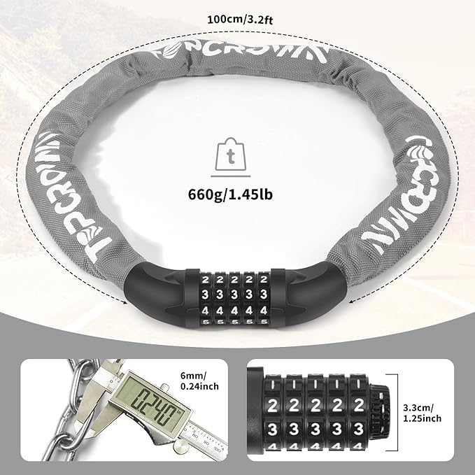 Bike Chain Lock 3.2Ft Long High Security Heavy Duty Anti Theft, 5 Digit Combination Resettable Keyless Bicycle Lock for Bike/Electric Scooter/Ebike/Motorcycle(Grey)
