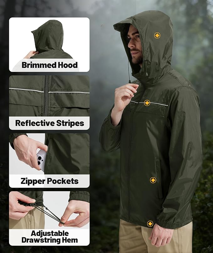 SWISSWELL Mens Rain Jacket & Coats Packable Lightweight Waterproof Windbreaker Hooded for Golf Cycling Hiking