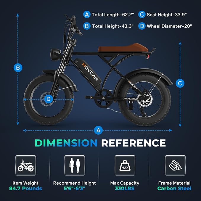 Movcan V60/V60 Pro Electric Bike, 48V 15.6/18.2Ah Removable Battery 20” Fat Tire Electric Bike, 1000/1500W Motor 30/33MPH Top Speed Electric Motorcycle, for Commute/Offroad/School/Rain/Snow Riding.