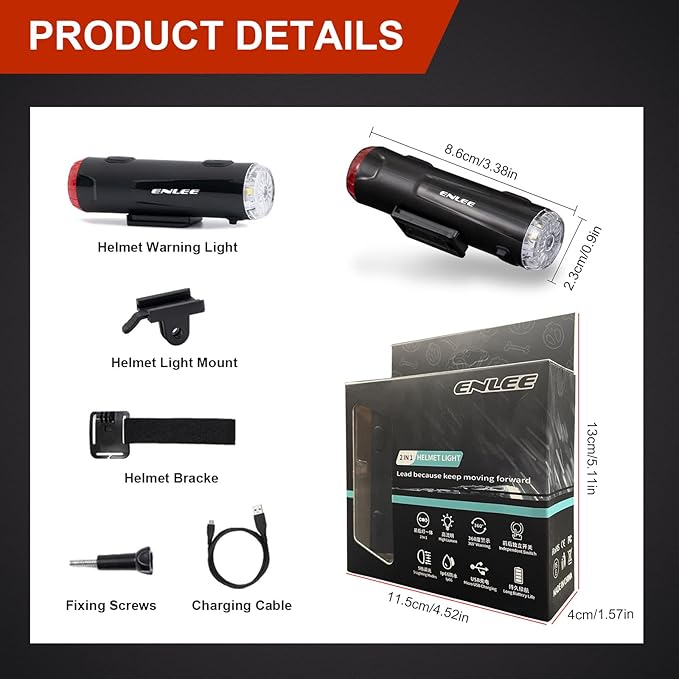 JINKEY Bike Helmet Light Front and Rear, 2-in-1 USB Rechargeable LED Bicycle Headlight & Taillight, IP66 Waterproof, 5 Warning Modes with Mounting Bracket for Night Safety Riding