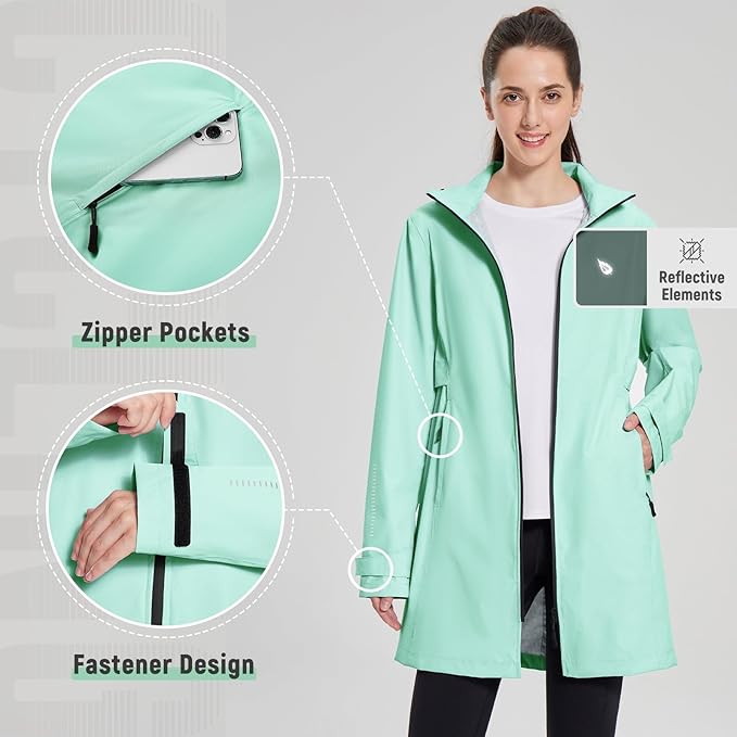 baleaf Women's Long Rain Coat Packable Waterproof Windbreaker Lightweight Cycling Jacket with Hood