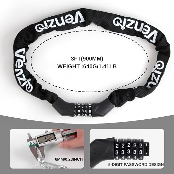 Venzio 3FT Heavy Duty Bike Chain Lock, 6mm Steel with 5-Digit Resettable Combination Lock, Zinc Alloy Core, Scratch-Proof Cover, Anti-Theft Lock for Bicycle, Scooter, E-Bike, Fence, Door