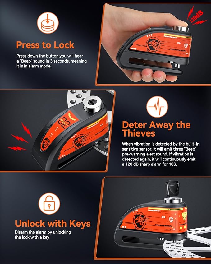 Motorcycle Disc Lock with Alarm, Rechargeable 120dB Anti-Theft Alarm with 5.9FT Reminder Cable, Motorcycles Locks Waterproof Disc Lock for Motorcycle, Bike, Scooter, E-Bike, Black