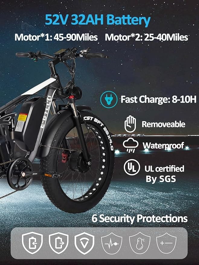 6000W Electric Bike for Adults, 52V 32AH Dual Motor E-Bike, Up to 100Mile & 45MPH All-Terrain Fat Tires Full Suspension 24/26 Inch Electric Bicycles Hydraulic Disc Brake for Road UL2849 by SGS