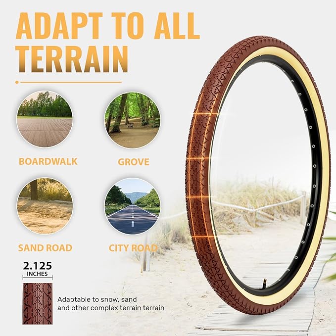 Hycline 26x2.125 Cruiser Bike Tires Set: 2-Pack 26-inch Premium Butyl Rubber High-Performance Folding Replacement Bicycle Tires for Beach Cruiser and Urban Commuting Bicycle