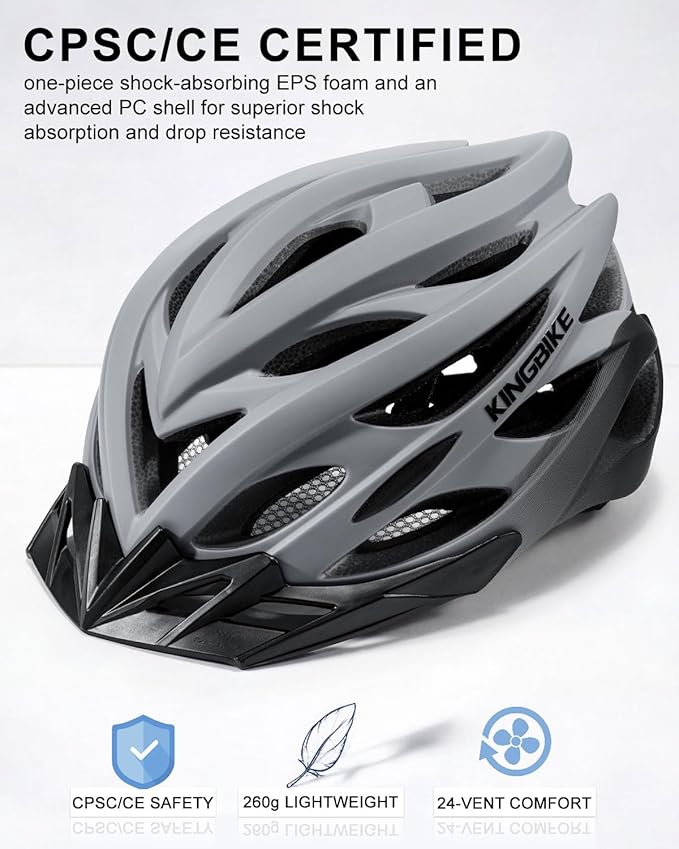 KINGBIKE Bike Helmet for Adult Men Women Youth Road Commute Mountain Cycling Helmets with USB Rechargeable Light Replaceable Padding and Visors Lightweight 20.4-23.6in