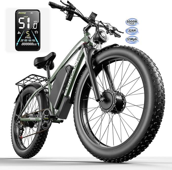 E Bikes for Adults Electric,51 MPH/48 MPH Fast Ebike Peak 5000W/3000W 32AH 52V 130 Miles Max, Dual Motor Electric Bike Fat Tire E Bike for Men, 26" Electric Bicycle for Snow Off-Road, Hydraulic Brakes