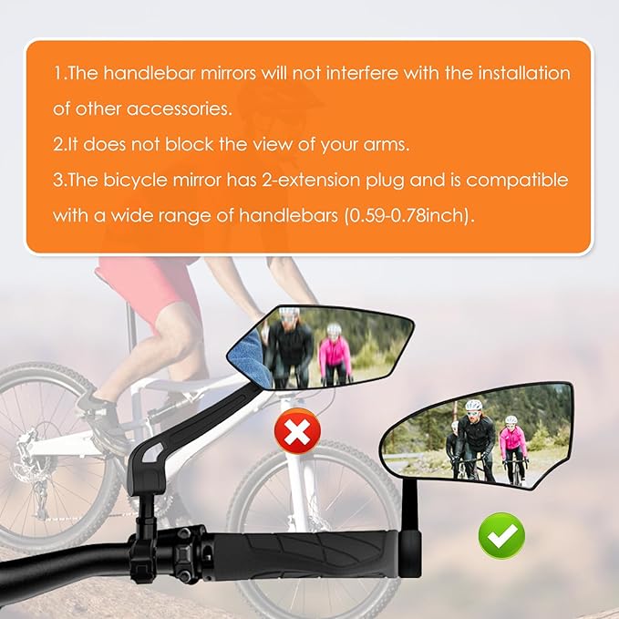 2PCS Bike Mirror for Handlebar Mount, HD Glass Bicycle Mirrors, Adjustable Bar End Rear View Mirror, Scratch Resistant Bike Mirror for E-bike, City Bikes (Left&Right 0.59-0.78")