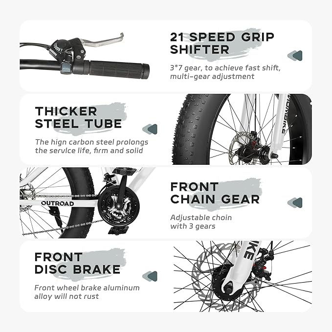 Outroad Fat Tire Mountain Bike with 26 inch Wheels, 21 Speed with High Carbon Steel Frame, Double Disc Brake and Front Suspension Anti-Slip Bikes