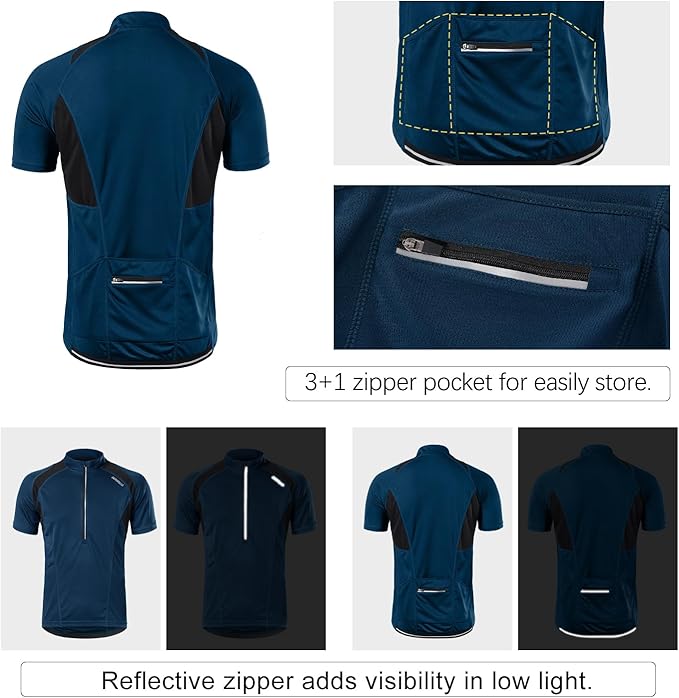 BERGRISAR Men's Half Zipper Cycling Jersey Short Sleeves Bike Bicycle Shirts with Zipper Pocket Quick-Dry Breathable BG060