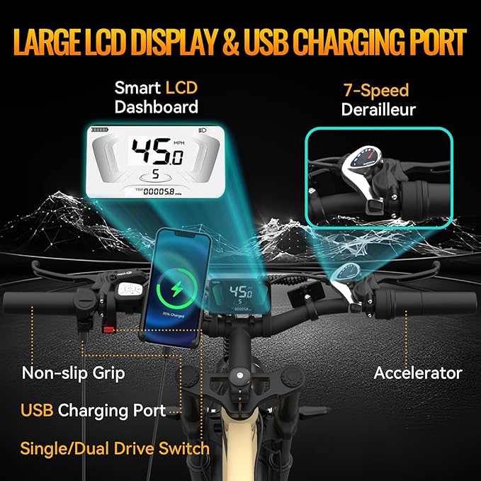 GREATWORK 52V 5000W Peak Dual Motor Electric Bike for Adults, 1300Wh Battery, Up to 45MPH & 100 Miles Range, 26" x 4.0 Fat Tire Electric Dirt Bike with Suspension, Mountain E-Bike for Men Women
