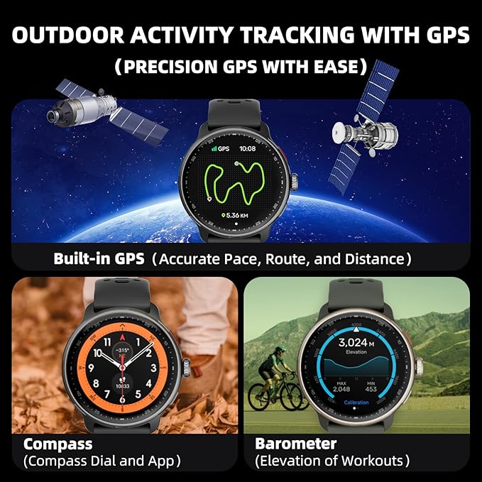 Smart Watch Built-in GPS, Pressure, Altitude, Compass, Smartwatch for Men Fitness Tracker with 1.43" AMOLED Screen Bluetooth Call Fitness Watch 100+ Modes Sports Watch Water Resistant for Android iOS