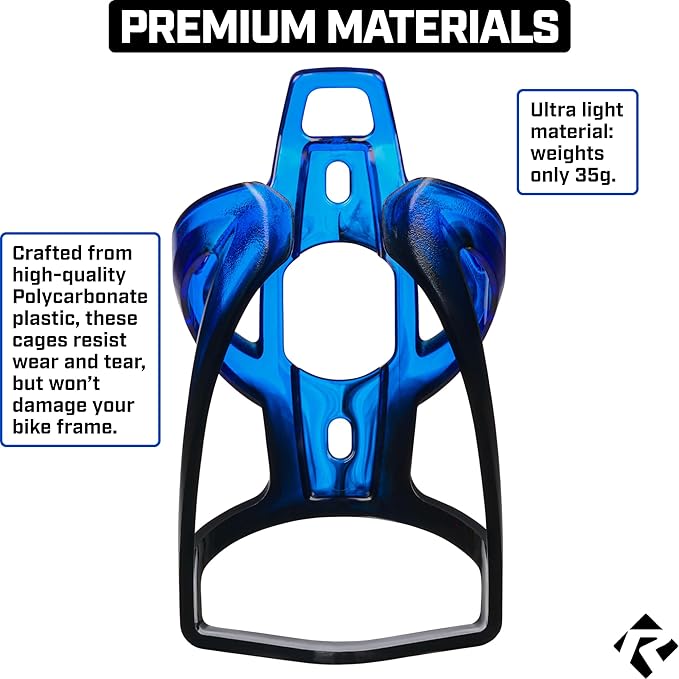 Revere Ultra-Light Bike Water Bottle Holder – Durable Bicycle Bottle Cage for Road, MTB, & Mountain Bikes – 2-Pack with Screws & Installation Tool – Premium Cycling Accessories (Blue/Black)