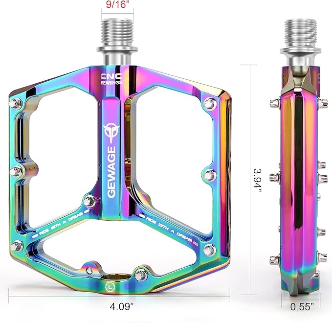 Road/Mountain Bike Pedals - 3 Bearings Bicycle Pedals - 9/16” CNC Machined Flat Pedals with Removable Anti-Skid Nails