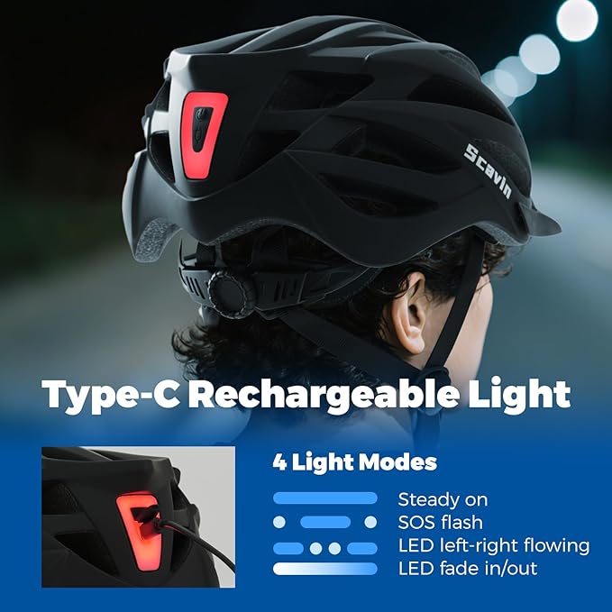 Adult Mountain Bike Helmet with Rear Light Adjustable Dial, Removable Visor - CPSC 1203 Certified Lightweight Bicycle Helmet for Urban-Commute, Road & MTB for Men, Women, Youth