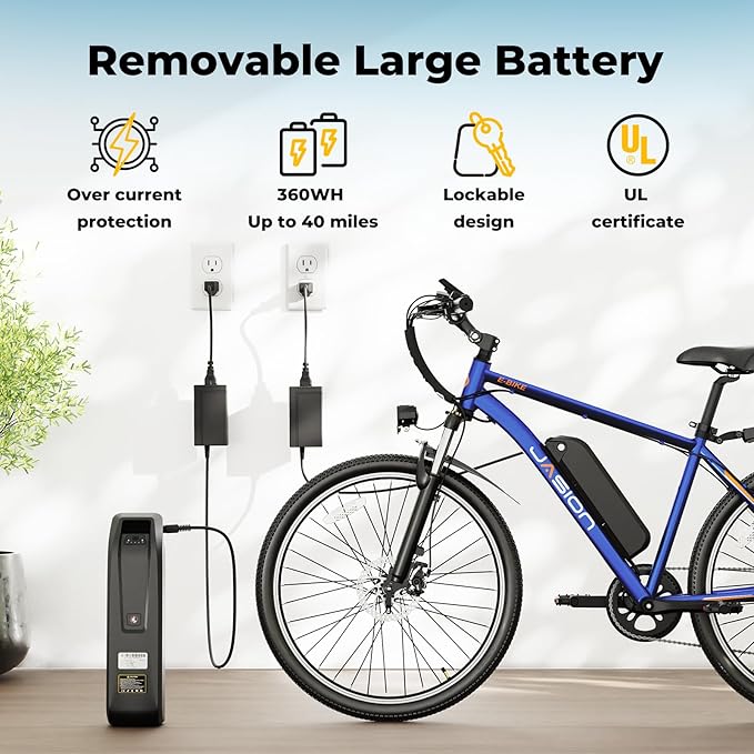 Jasion EB5 Electric Bike for Adults with Peak 1000W Brushless Motor, 40Miles 20MPH Commuting Electric Mountain Bike with 360Wh Removable Battery, 7-Speed, 26" Tires and Front Fork Suspension