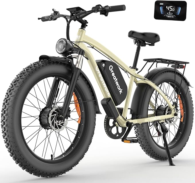 GREATWORK 52V 5000W Peak Dual Motor Electric Bike for Adults, 1300Wh Battery, Up to 45MPH & 100 Miles Range, 26" x 4.0 Fat Tire Electric Dirt Bike with Suspension, Mountain E-Bike for Men Women