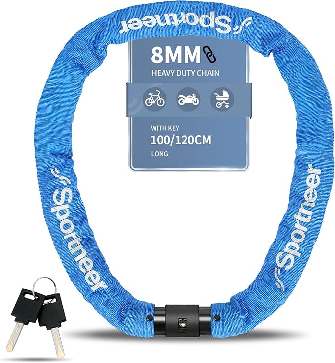 Sportneer Bike Lock - 8mm Thick High Security Anti Theft Bike Chain Lock with 2 Keys- 3.2ft Long Heavy Duty Anti-Cut Bicycle Lock for Bike, Motorcycle, Bicycle, Door, Gate, Fence, Grill - Blue