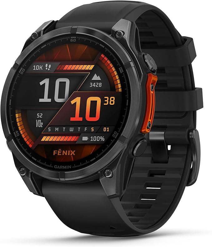 Garmin Fenix 8 Premium Multisport GPS Running Smartwatch, 47 mm, AMOLED, Dive-Rated, Built-in Flashlight, Slate Gray with Black Band with Signature Series Charging Stand