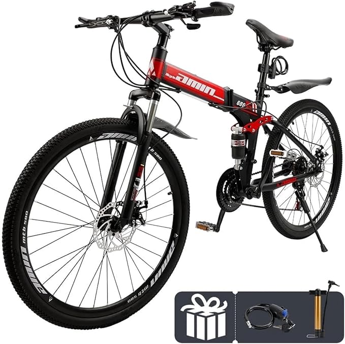 Bruce & Shark 26" Folding Mountain Bike for Men, 21 Speeds Full Suspension Commuter Bicycle, High Carbon Steel & Disc Brakes, Portable City Outdoor Bike for Adult Youth Teen