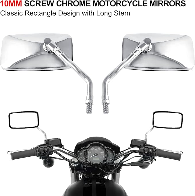 Surpassme 10MM Chrome Motorcycle Mirrors, Universal Silver Rectangle Motorcycle Rearview Mirrors