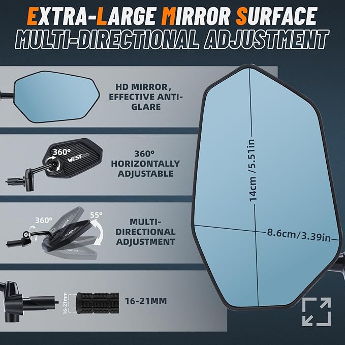 West Biking Bike Mirror, 360° Adjustable HD Shatterproof Bicycle Mirror, Aluminium Alloy Mirror Stem Provides Exceptional Stability,Handlebar-End Rear-View Mirror Suitable For E-Bike(Left)