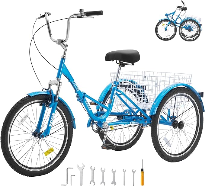 VEVOR Folding Adult Tricycle,Adult Folding Trikes, 3 Wheel Cruiser Bike with Large Basket & Adjustable Seat, Shopping Picnic Foldable Tricycles for Women, Men, Seniors