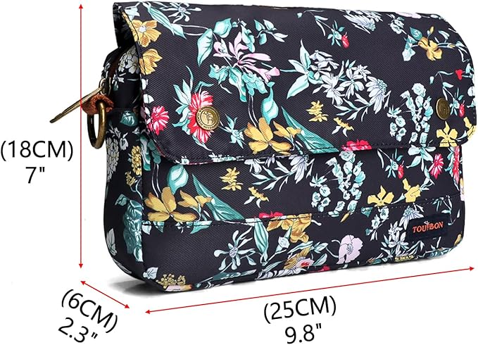 TOURBON Bike Bag Waxed Canvas Bicycle Handlebar Bag Zipper Closure Pouch Crossbar Front Frame Basket Cycling Saddebag Under Seat Strap-on Rear Rack Pannier (Black with Flower (type 2))