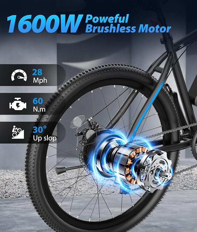 28 MPH Electric Bikes for Adults 1600W Peak Motor EBike 26 inch 90 Miles Max Range Mountain Ebikes with 48V Removable Battery Electric Bicycle with Front Suspension 7 Speed E Bike